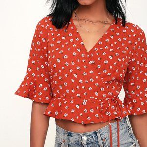 Lulus Melody Moves Rust Red Floral Print Flounce Sleeve Wrap Top